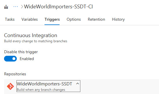 On the Triggers tab, the Continuous Integration selector is set to Enabled.